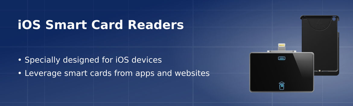Smart card readers designed for Apple iOS devices iPhone, iPad and iPod. MFi-certified smart card readers supporting contact ISO-7816 smart cards.